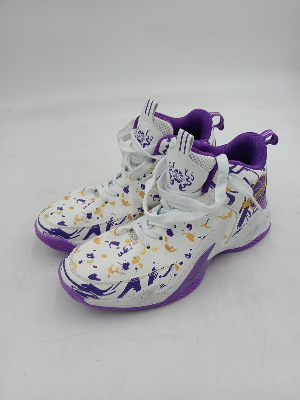 CLBANG Shoes Mens White Purple Gold Mid Top Basketball Court Sneakers Size 8.5